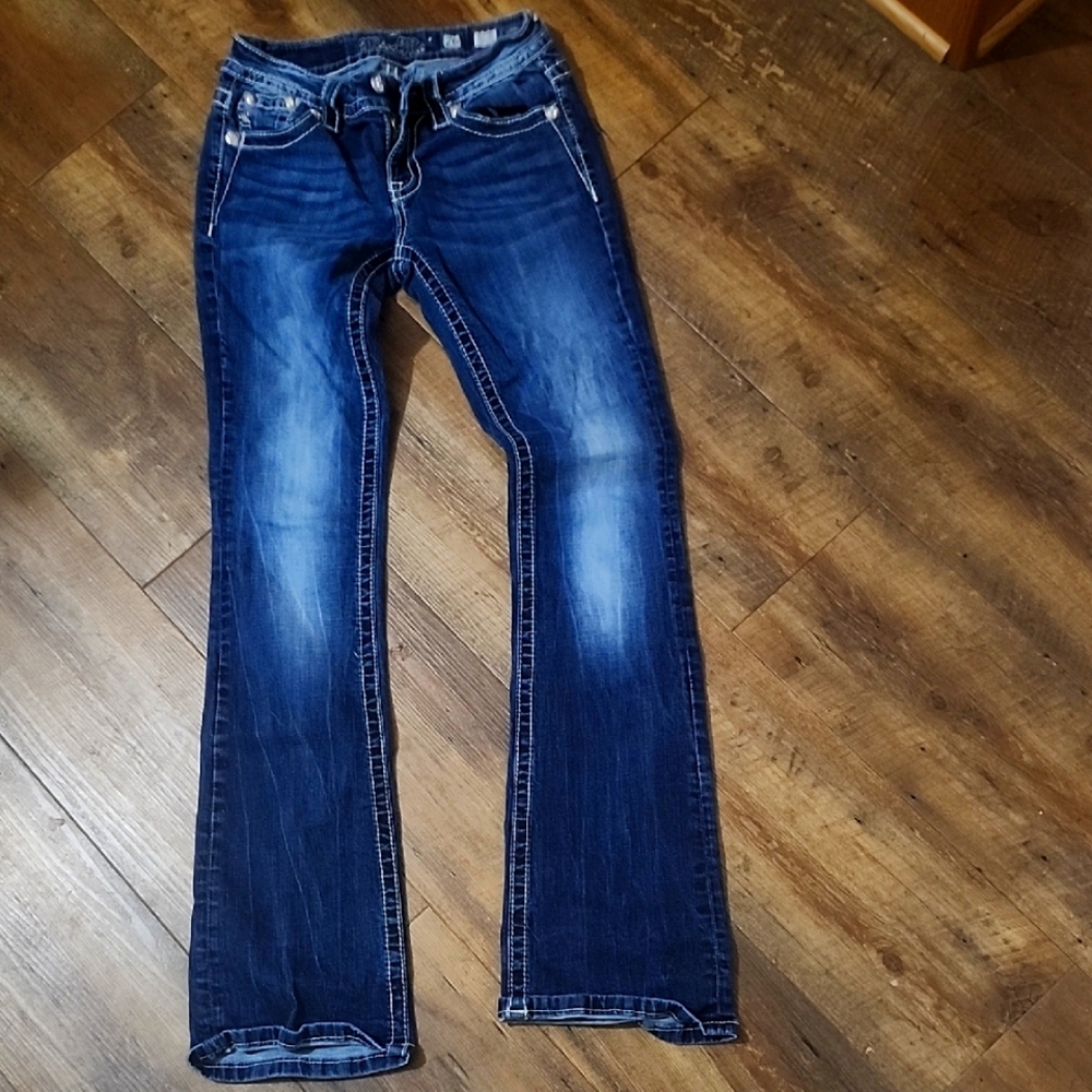 Miss Me Blue Boot Cut Jeans with Distressed Look. Inseam 31  1/2